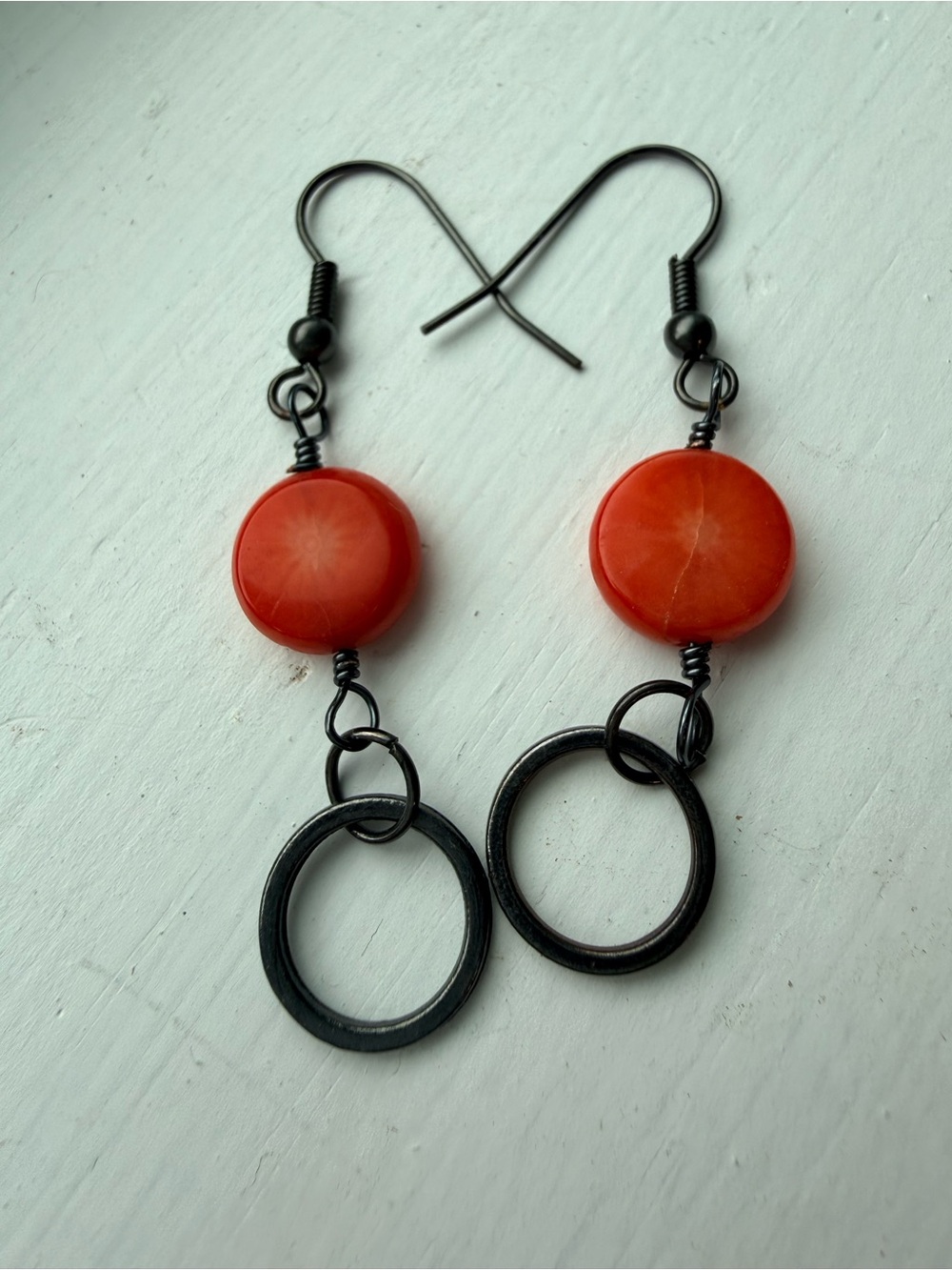 Hand Crafted Red Bead & Black Hoop Drop Earrings